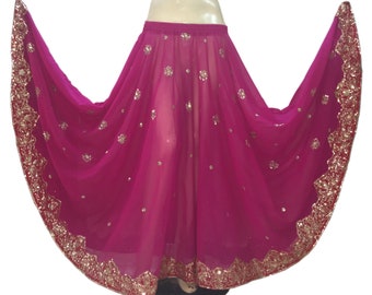 Deep Pink Dancing Sari Skirt Chimki Work Embroidered Belly Dancing Skirt Sequin