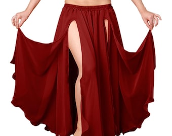 May include: A burgundy belly dance skirt with two high slits. The skirt is made of a flowing fabric and is held up by a waistband. The skirt is being held open to display the design.