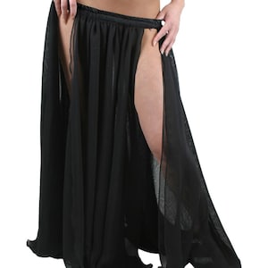 May include: A black sheer maxi skirt with a high slit on each side. The skirt has a gathered waistband and is made of a lightweight, flowing fabric.