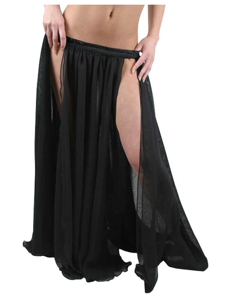 May include: A black sheer maxi skirt with a high slit on each side. The skirt has a gathered waistband and is made of a lightweight, flowing fabric.