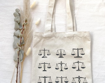 Justice Scale Tote Bag – Cotton Bag with nine justice scales, Gift for Law, Justice, Court & Legal Office