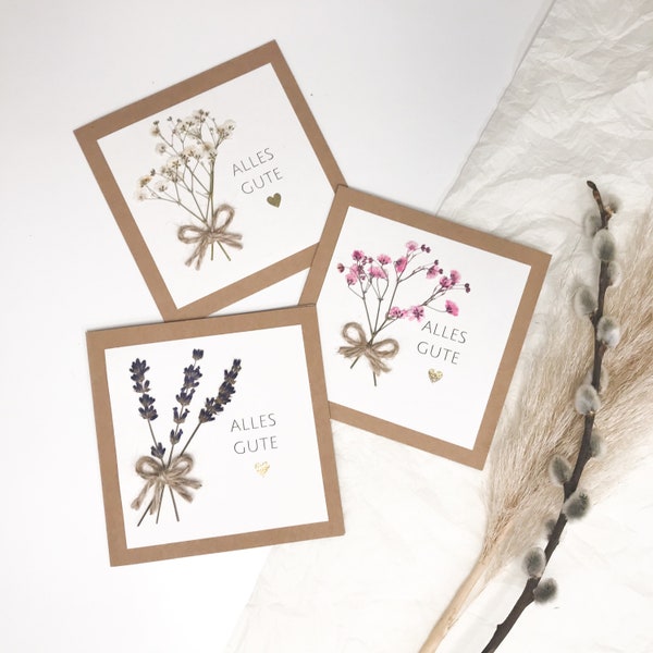 Birthday card with pressed flowers (lavender and gypsophila) - Happy birthday