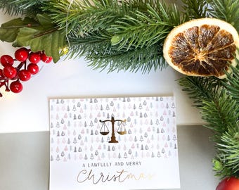 Christmas card – Lawfully and Merry Christmas, scales of justice, gift for jurists, lawyers, law students, judges.