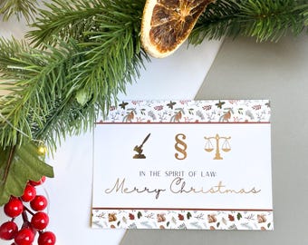 Christmas card – with legal symbols, paragraph sign, scales of justice, gift for lawyers.