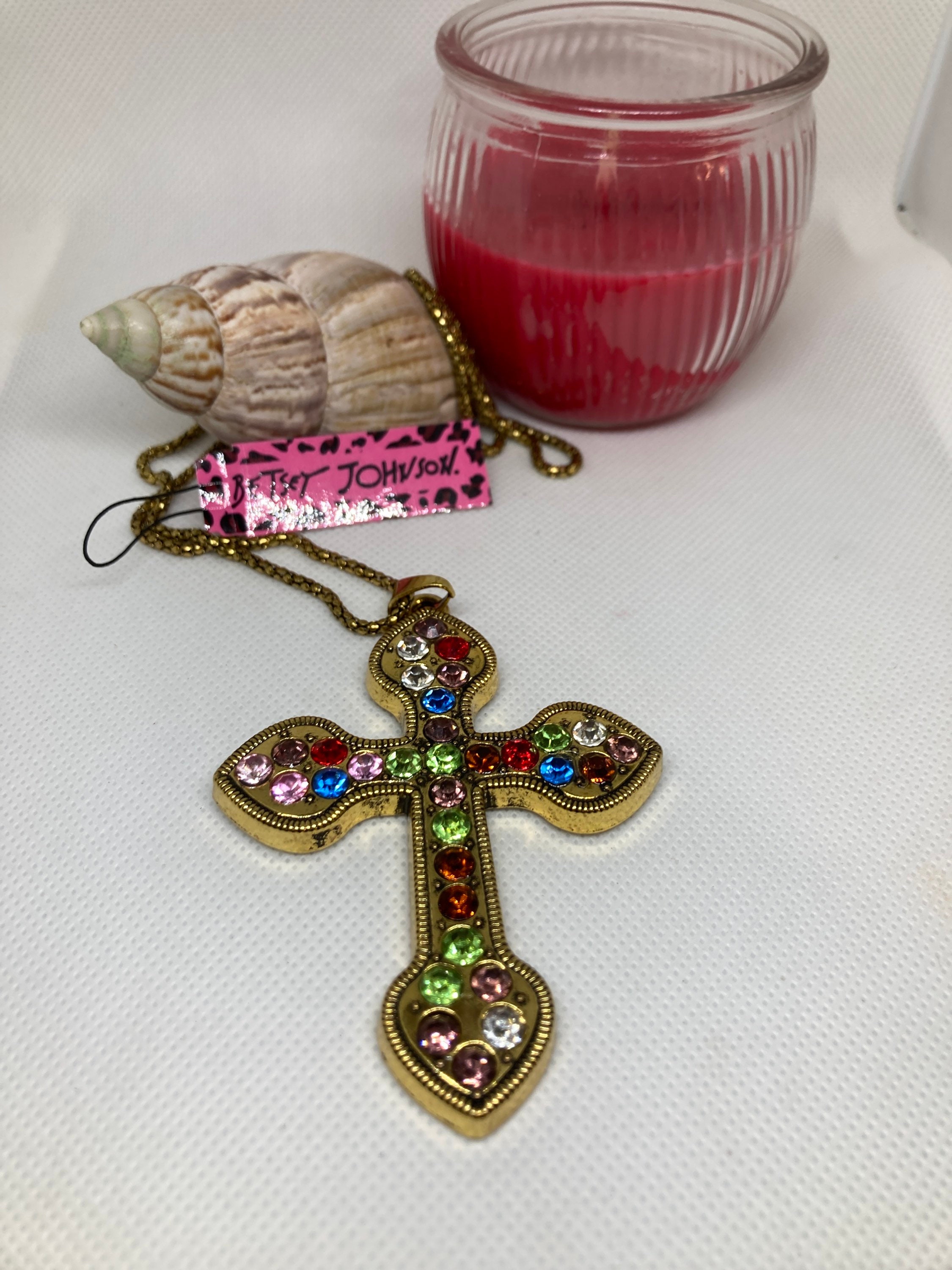 Betsy Johnson Crystal Religious Gold Cross Pendant on a 28