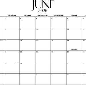 May include: A black and white calendar for June 2026. The calendar grid is divided into squares for each day of the month, with the days of the week across the top. The month and year are displayed at the top.