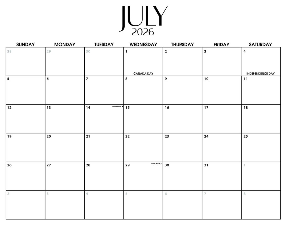 July 2026 Calendar Fillable | Minimalist Monthly Planner Landscape ...