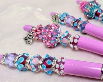 Fancy Boho Beaded Pens - Purple Blue Pink Beaded Ballpoint Pens -  Teacher Gift - Pen for Junk Journals Diaries Planners Office