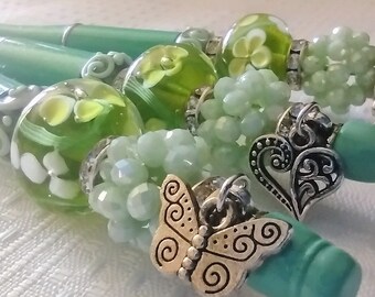 Green Ballpoint Pen - Fancy Pen with Glass Beads