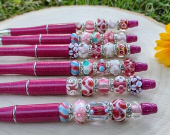 Pink Floral Beaded Pens: Handmade Lampwork Glass Ballpoint Pen
