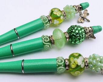 Green Glass Beaded Pen – Boho Ballpoint, Junk Journal Pen