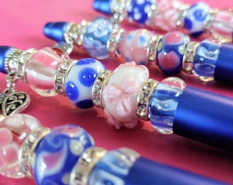 Blue Lampwork Beaded Pen: Rhinestone Accent, Ink Refill