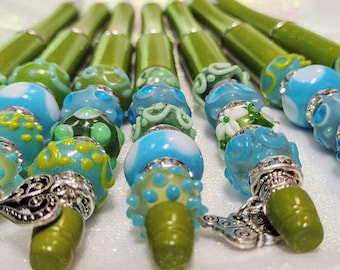 Lampwork Bead Pens - Green and Blue Glass Pens, Bridesmaid Gift