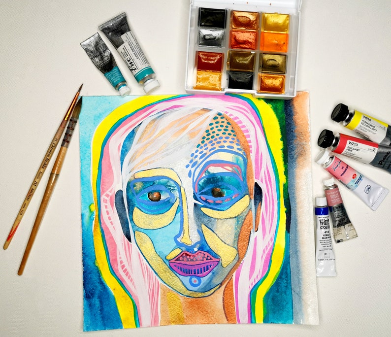 Abstract Face Art Original Watercolor Painting Female Etsy