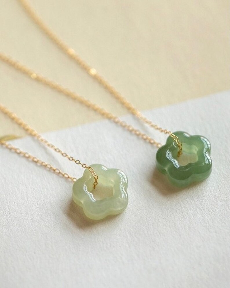 Dainty Jade Necklace,Green Hetian Floral Pendant Necklace, Gold Flower Necklace, Women Charm Necklace, Natural Jade Necklace, Gift for her 