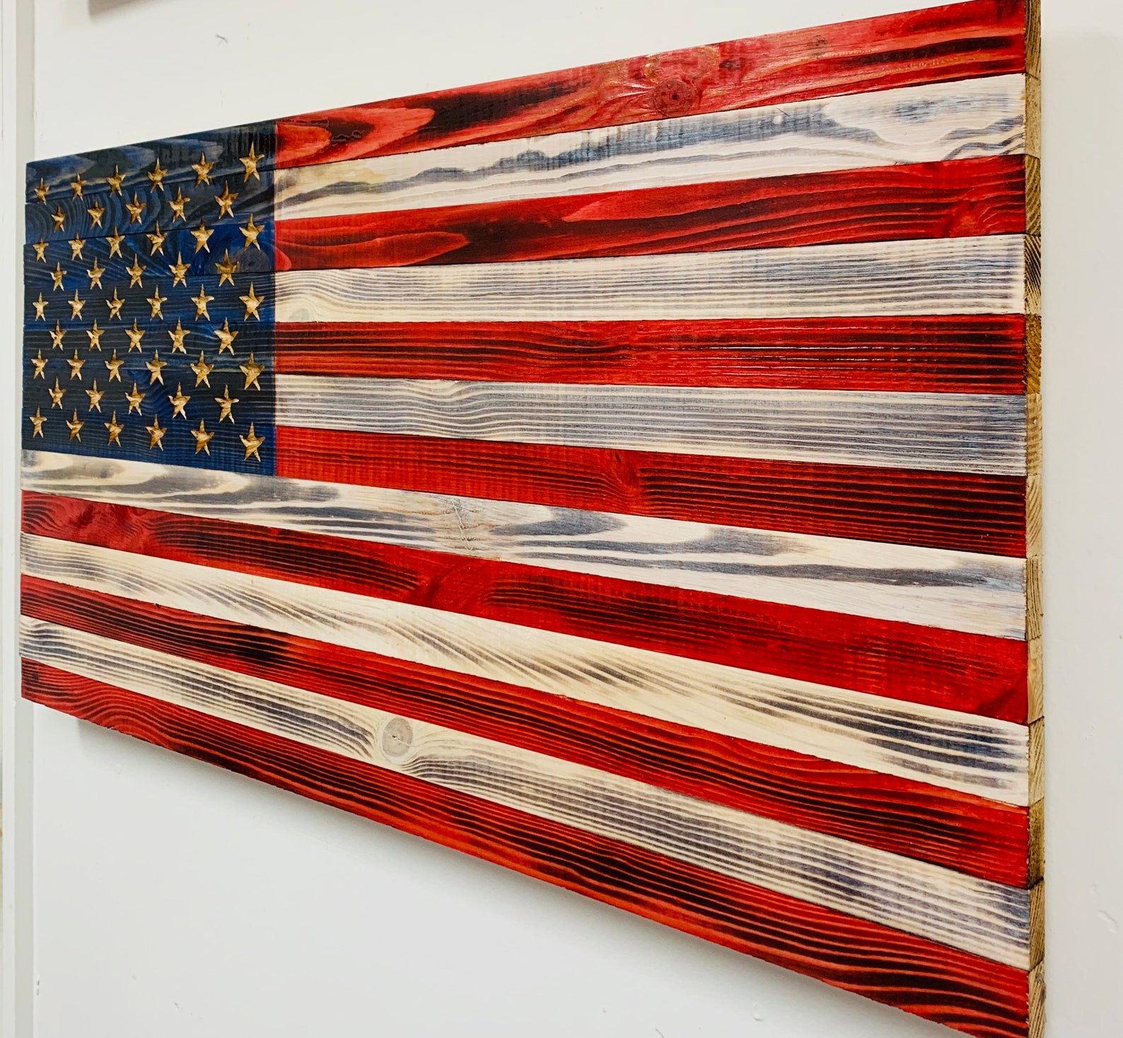 Handmade Large Wooden American Flag With Carved 50 Star Union Etsy