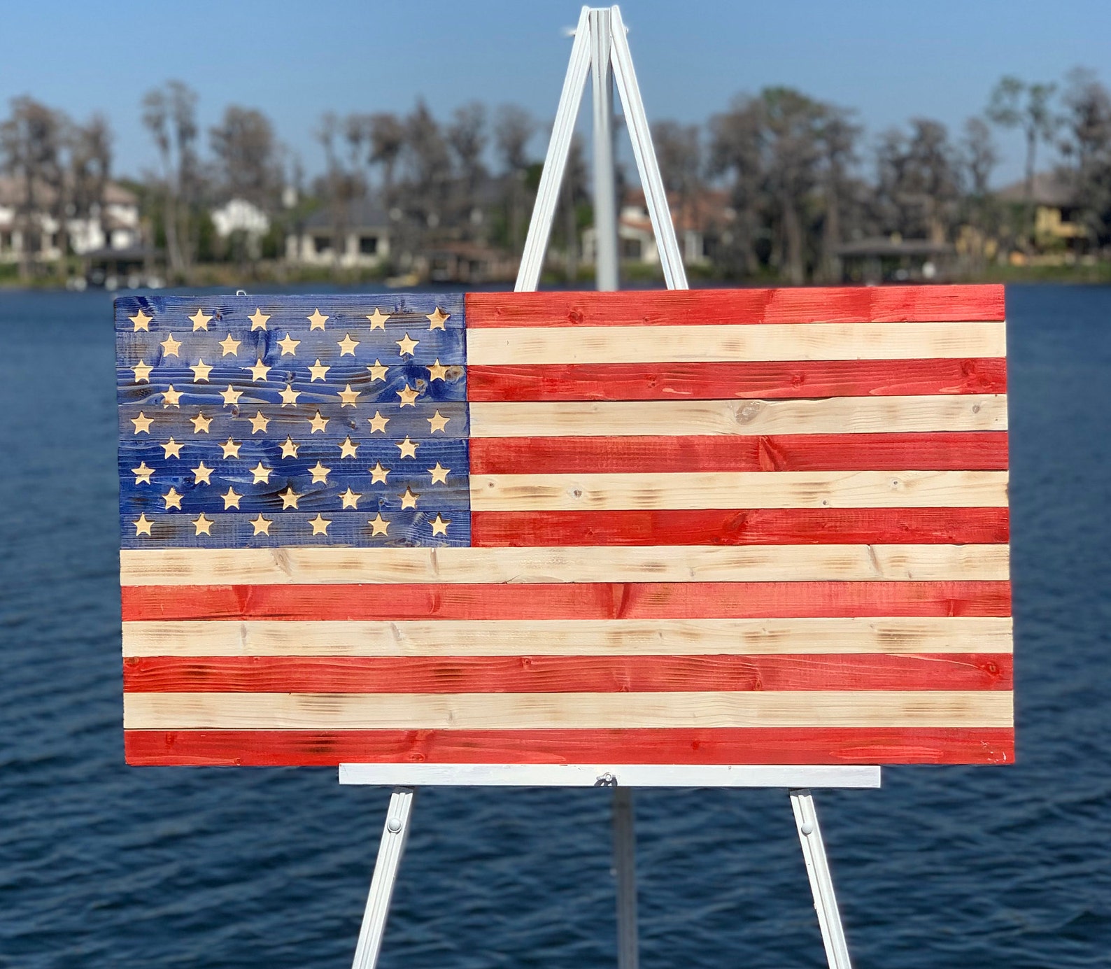 Handmade Large Wooden American Flag With Carved 50 Star Union Etsy
