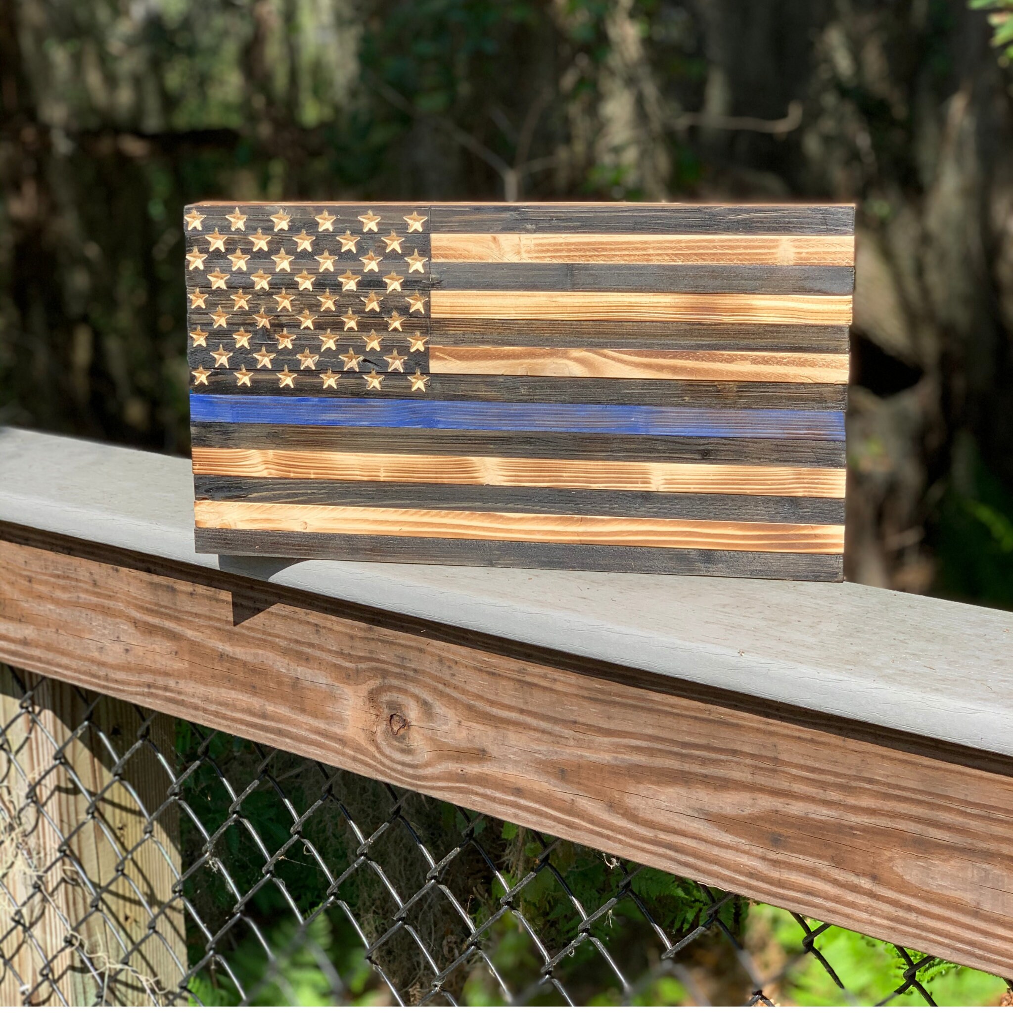 Rustic Thin Blue Line Handmade Premium Wooden American Flag Etsy