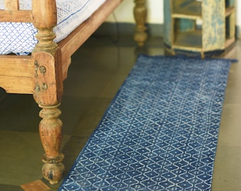 Handmade long indigo rug, block printed cotton.