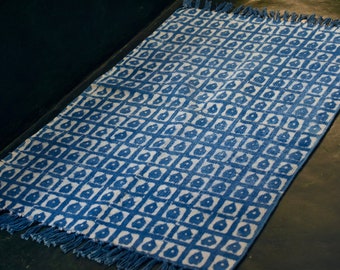 Indigo Block Printed, Handmade, Cotton Rug / Handmade Rugs / Block Print Dhurrie / Indigo Carpet / Cotton Rug / Area Rug / Floor Mat