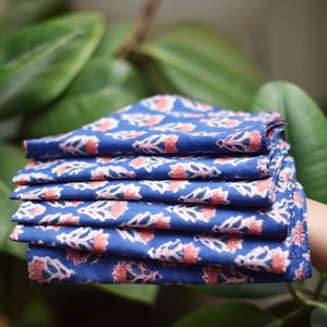 Set of 6 blue cloth block printed napkins, boho table setting, bohemian decor.