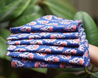 Set of 6 blue cloth block printed napkins, boho table setting, bohemian decor.