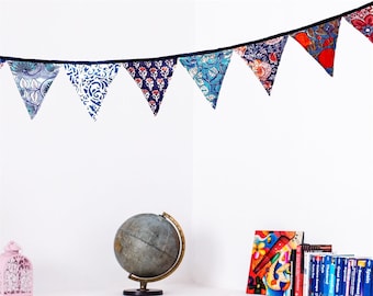 Fabric flag banner, baby bunting banner, kids room decor, block printed party garland.