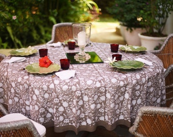 Grande nappe ronde en coton fin à fleurs vertes / Bloc imprimé à la main / Boho Table wear / Merveilleux décor de table