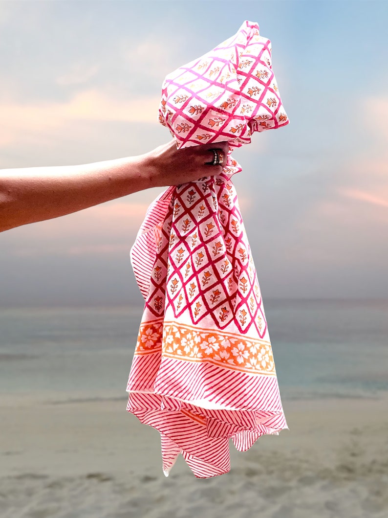 Pink sarong, beach towel made with soft block printed cotton. image 10