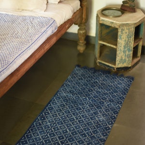 Handmade Long Indigo Rug, Block Printed Cotton. - Etsy