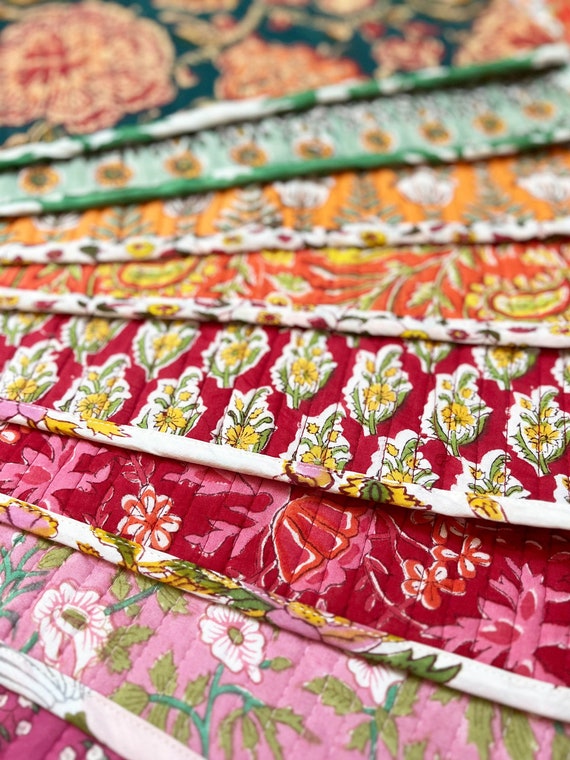 Block Printed Cotton Placemats (Set of 2): Reversible Quilted Boho Table Decor