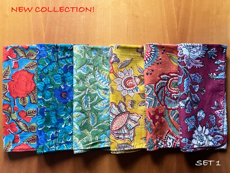 Tovaglioli in Fine Cotone Stampato a Block Print, Set von 6 Tessuti / Tovaglioli Indiani leggeri / Tovaglioli Riconoscibili / Boho Decor set 1