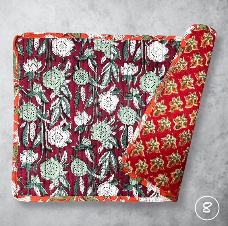 Block Printed Cotton Placemats (Set of 2): Reversible Quilted Boho Table Decor TWO TABLE MATS N 8