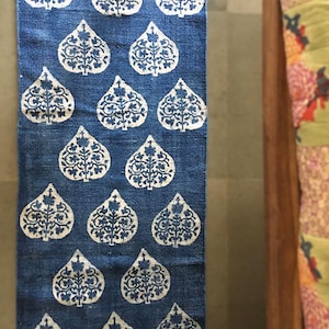 Puede incluir: Una alfombra azul y blanca con un diseño de hojas. La alfombra está hecha de algodón y es perfecta para añadir un toque de estilo a cualquier habitación.