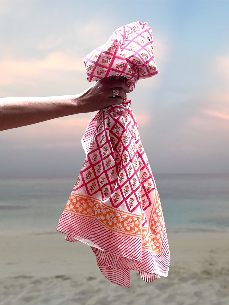 Pink sarong, beach towel made with soft block printed cotton. image 8
