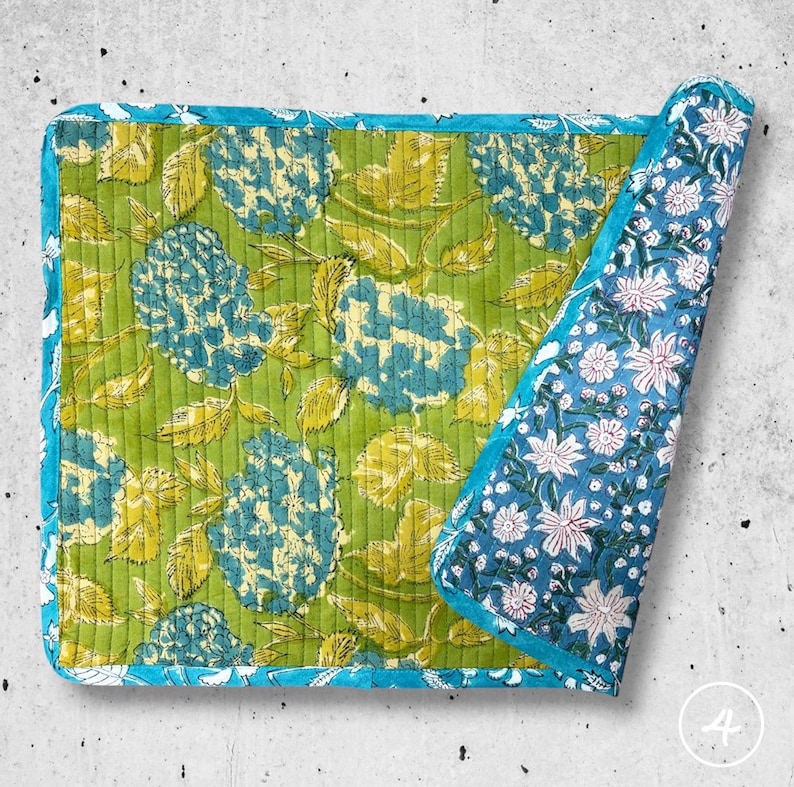 Block Printed Cotton Placemats (Set of 2): Reversible Quilted Boho Table Decor TWO TABLE MATS N 4