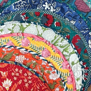 Set of 2 Round Quilted Placemats: Block Printed Cotton Boho Decor