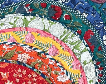 Set of 2 Round Quilted Placemats: Block Printed Cotton Boho Decor