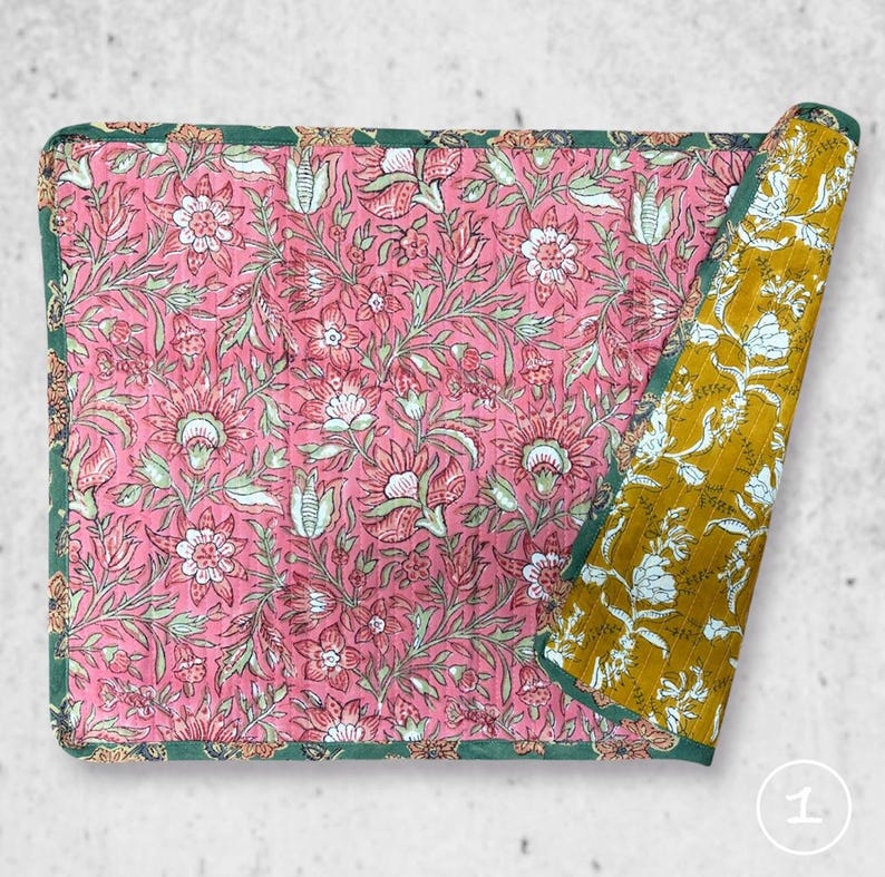 Block Printed Cotton Placemats (Set of 2): Reversible Quilted Boho Table Decor TWO TABLE MATS N 1