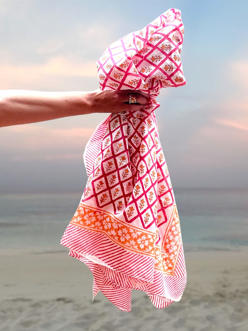 Pink sarong, beach towel made with soft block printed cotton. image 6