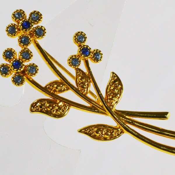 Vintage Florale Spray Brosche Movitex Schmuck Gold Ton Pin Blau Strass