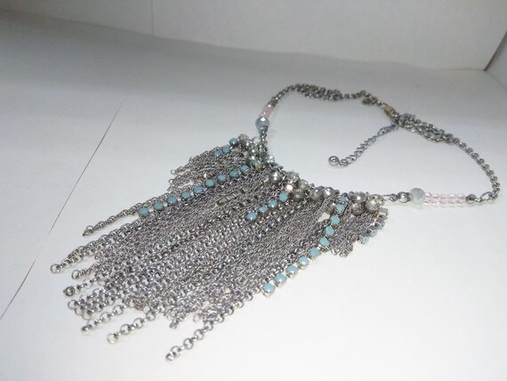 Vintage  Choker Bib Necklace Pendant Chain Blue C… - image 1