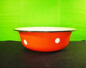 Vintage Bowl Enamel, Big Dish Red Polka Dot Style,  Food Bowl 1980s