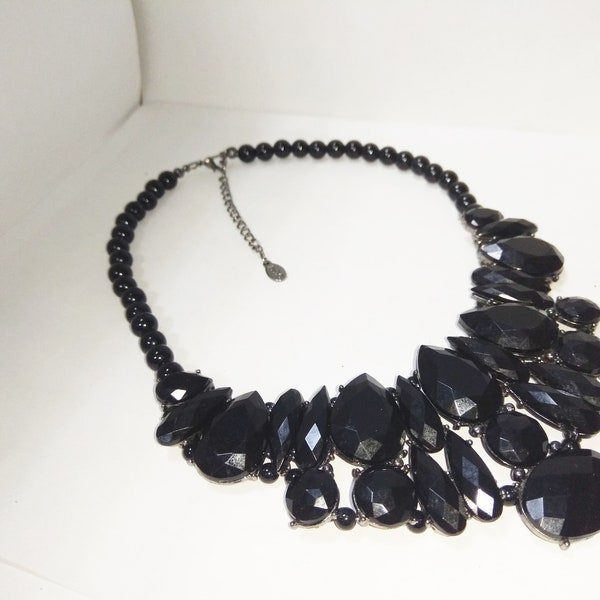 vintage Choker Bib Collier Perles Noires années 1990