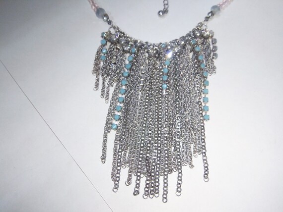 Vintage  Choker Bib Necklace Pendant Chain Blue C… - image 4