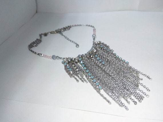 Vintage  Choker Bib Necklace Pendant Chain Blue C… - image 3