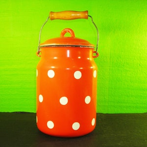 Vintage Can Milk Enamel,  Red Polka Dot Style, Ukrainian Can Watering,  NEW 1980s
