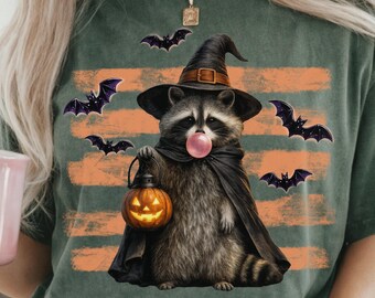 Witchy Raccoon Halloween PNG ,Spooky season , Trendy stripes Fall  (Digital Download)