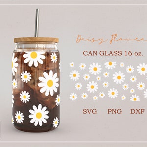 Daisy Flower Spring Floral Full wrap per lattina Libbey Glass 16oz PNG DFX SVG file per Cricut, download digitale