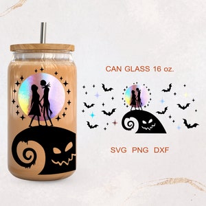 Jack Sally moon Libbey glass svg Moon beer can glass Halloween full wrap for Libbey Glass 16oz PNG, DFX, SVG file for Cricut, digital files